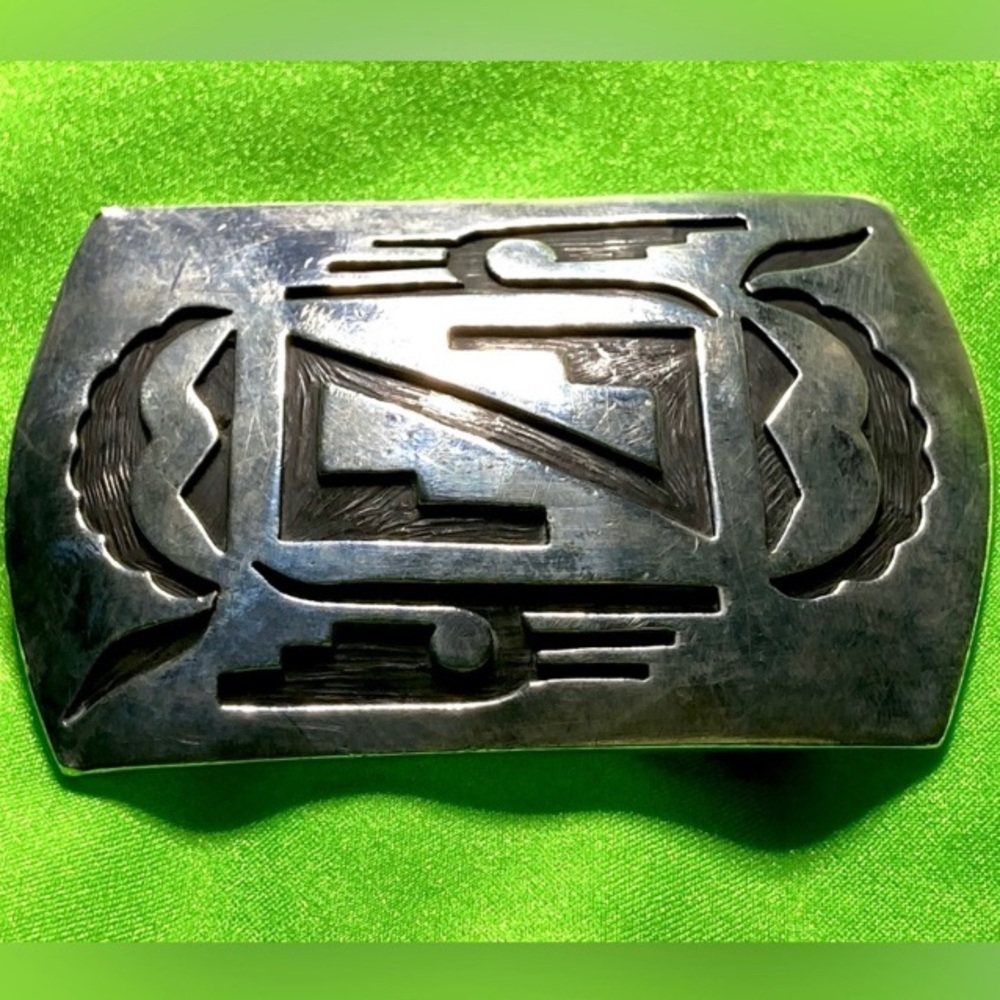 Navajo Hopi Belt Buckle .925 SOLID Sterling Silver Handmade Overlay Circa 1980's